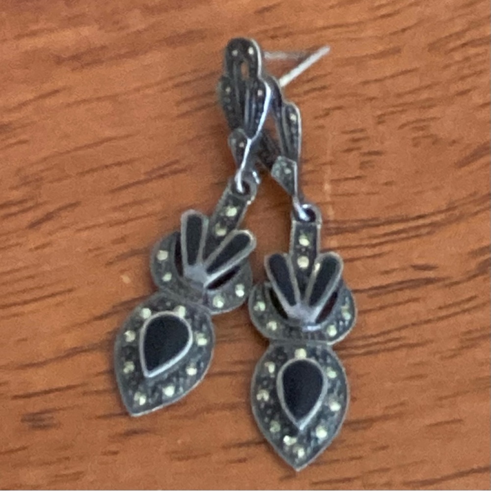 Art Deco Black Faux Marcasite Drop Earrings Retro